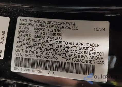 2025 Honda Accord Se from USA, damaged, VIN 1HGCY1F49SA004505
